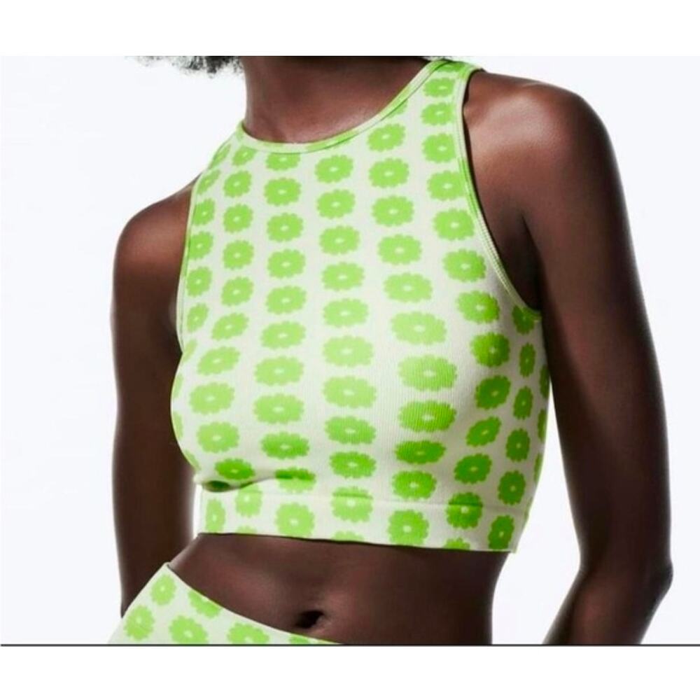 Zara Crop Ribbed Floral Mod Green Tank Top Fits Best On Small